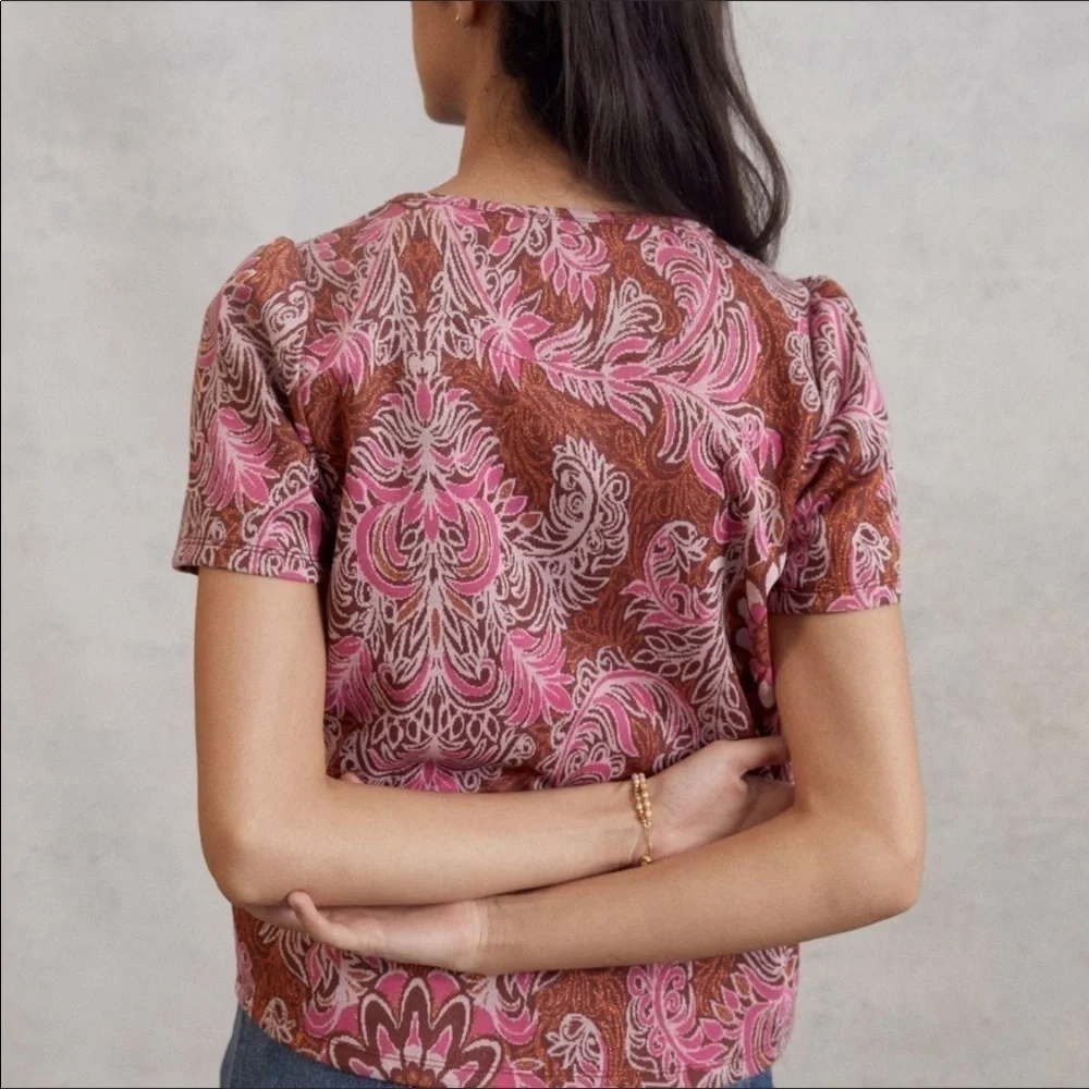 Anthropologie Demeter floral paisley print copper shimmer short sleeve top - Picture 4 of 9